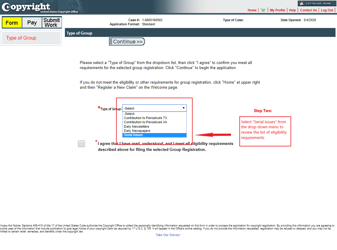 Select 'Serial Issues' from the 'Type of Group' drop-down menu to review the list of eligibility requirements