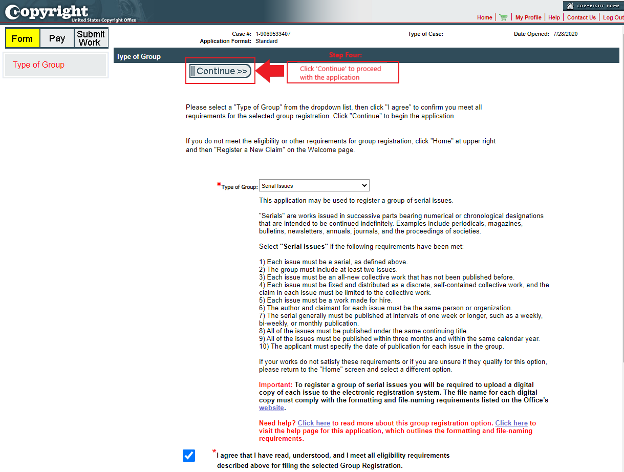 Click 'Continue' to proceed with the application