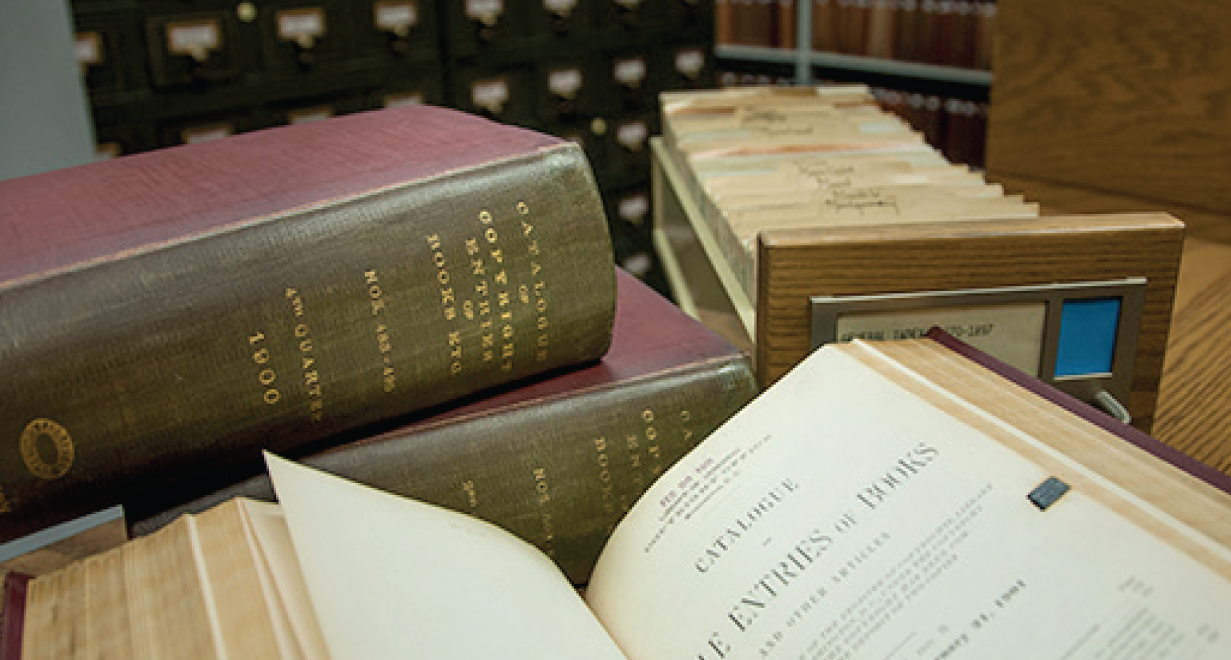 Stacked books; card catalog