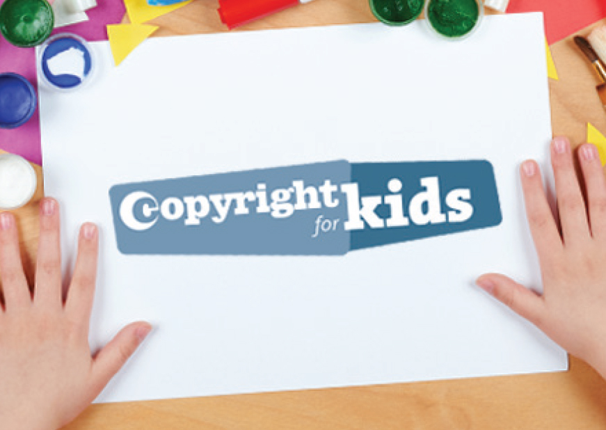 Child preparing to finger paint; Copyright for kids logo