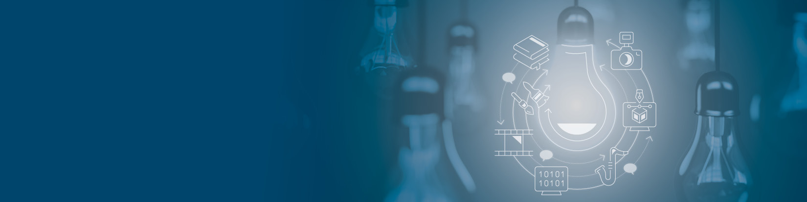 Lightbulb surrounded by cameras, paint brushes, instruments, and other creativity icons